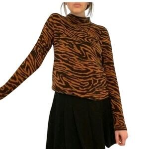 Ann Taylor Tiger Print Jacquard Mockneck Sweater in Chocolate Noir Sz S Soft NWT